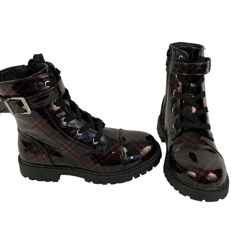 New Women’s Girls Jessica Simpson Red Plaid Combat‎ Boots Size 1 or 12.5 NWOB